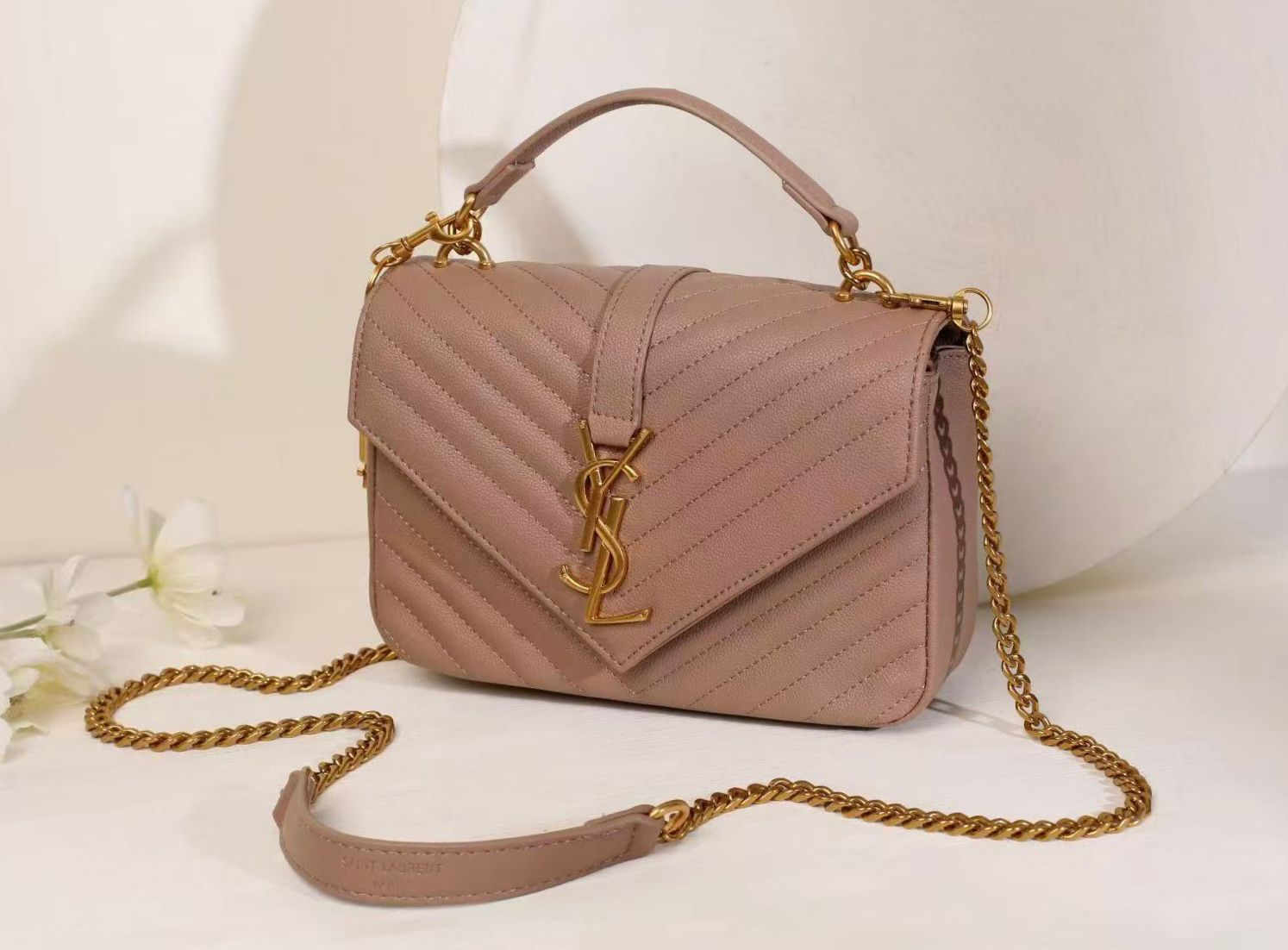 Saint Laurent Medium College Monogram Bag (Dusty Rose / Nude Powder)