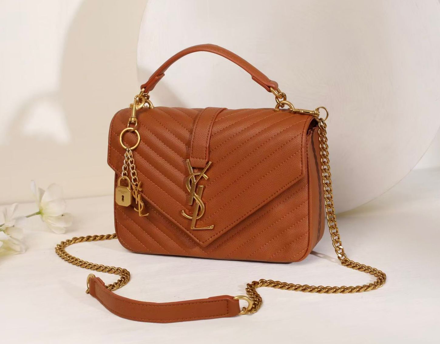 Saint Laurent Medium College Monogram Bag (Tan / Cognac Brown)