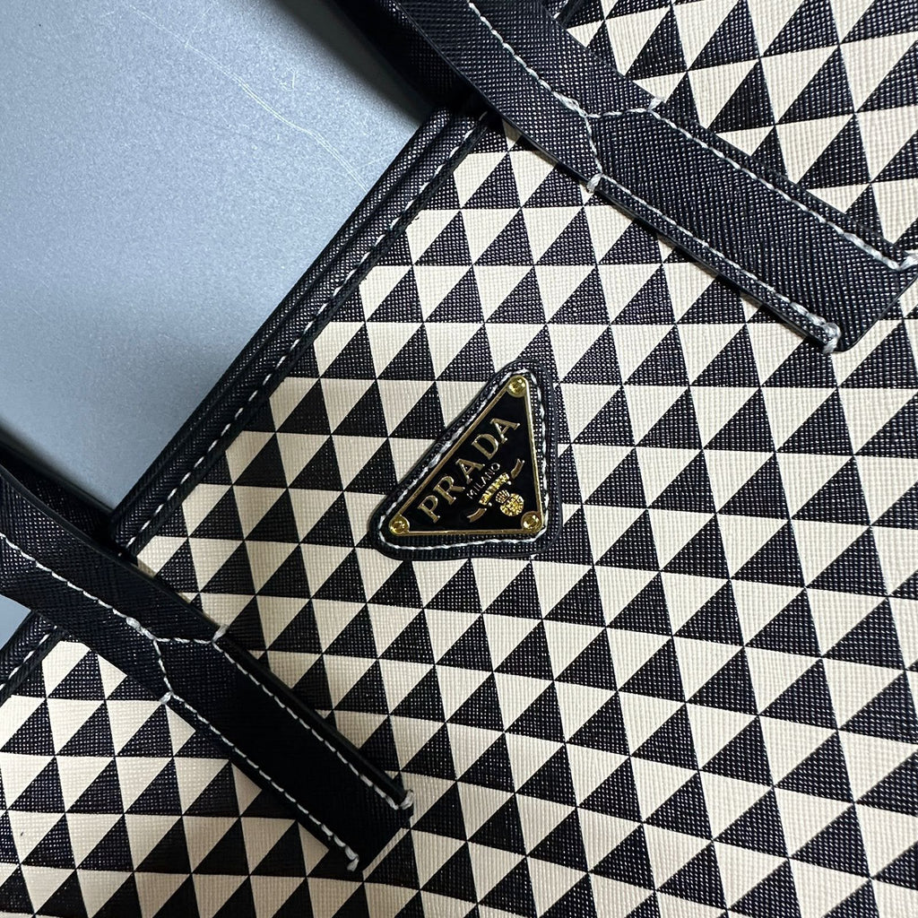 Prada Symbole Embroidered Fabric Tote Bag (Black / Beige)