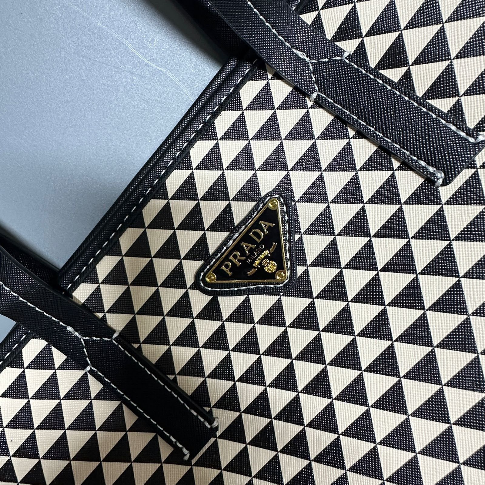 Prada Symbole Embroidered Fabric Tote Bag (Black / Beige)