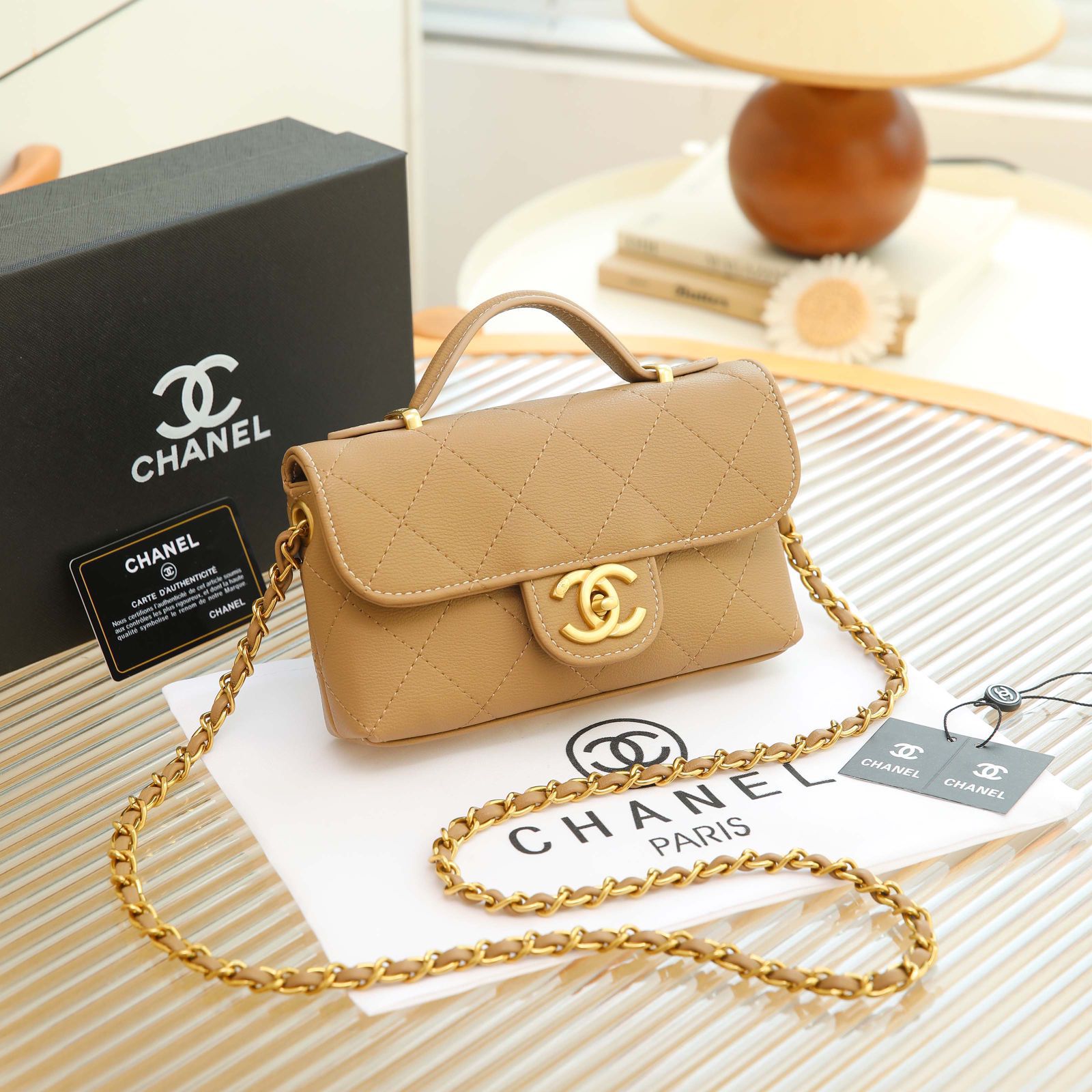 Chanel Trendy CC Mini Flap Bag with Top Handle (Beige / Camel)