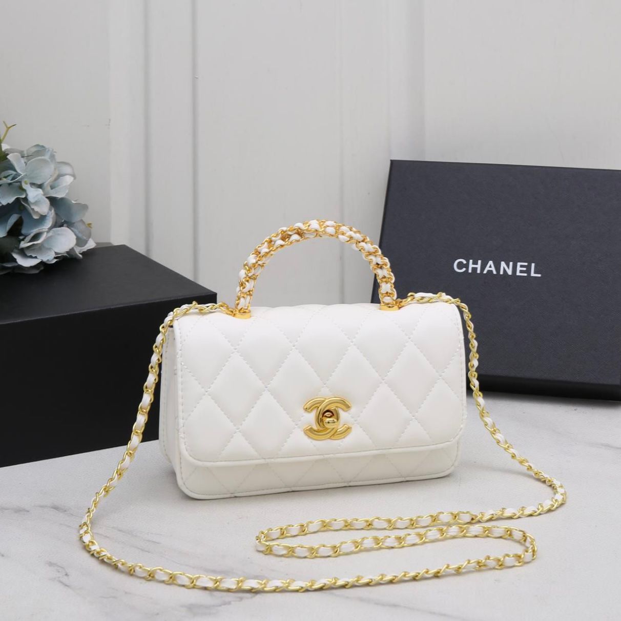 Chanel Mini Flap Bag with Chain Top Handle (White)
