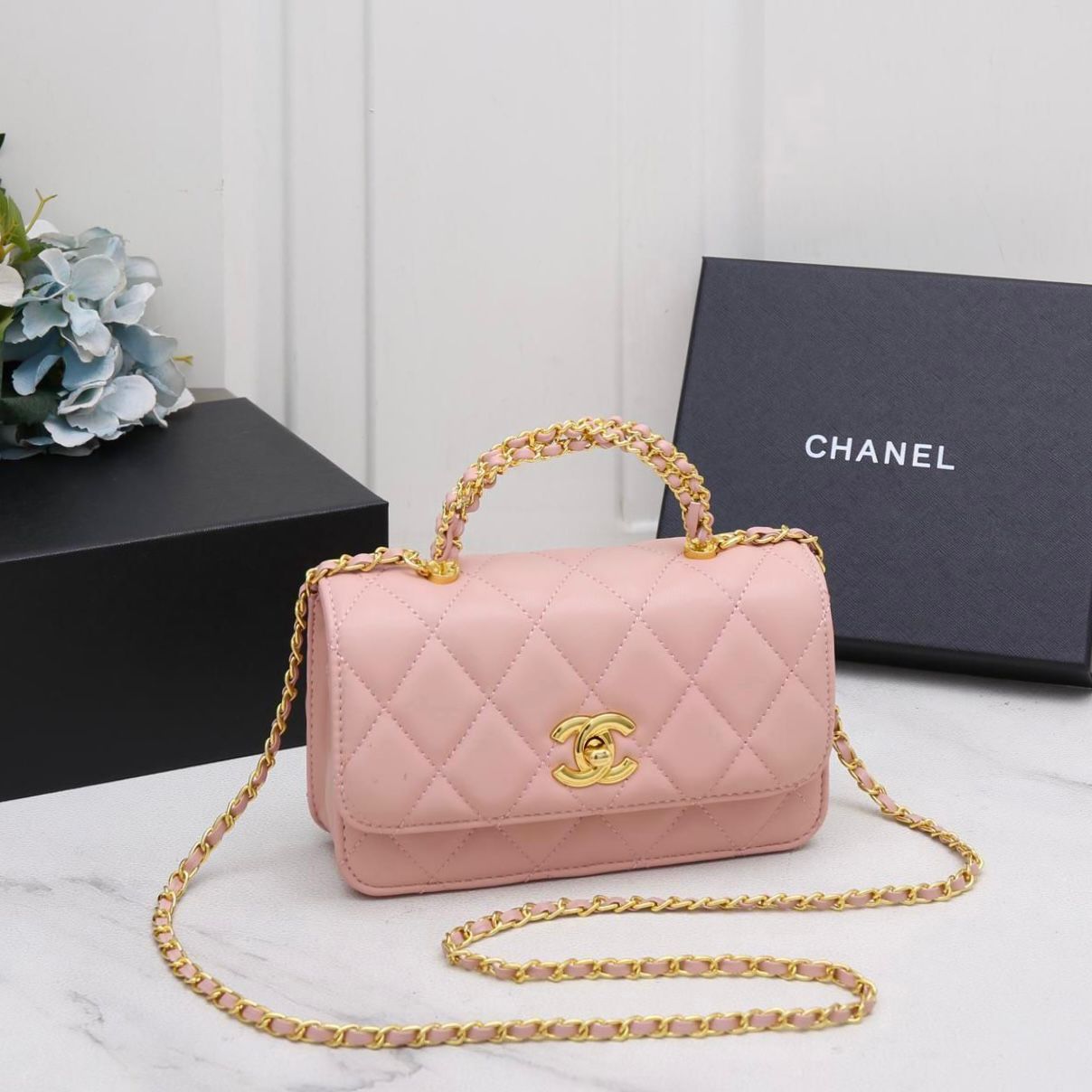 Chanel Mini Flap Bag with Chain Top Handle (Pink / Light Pink)