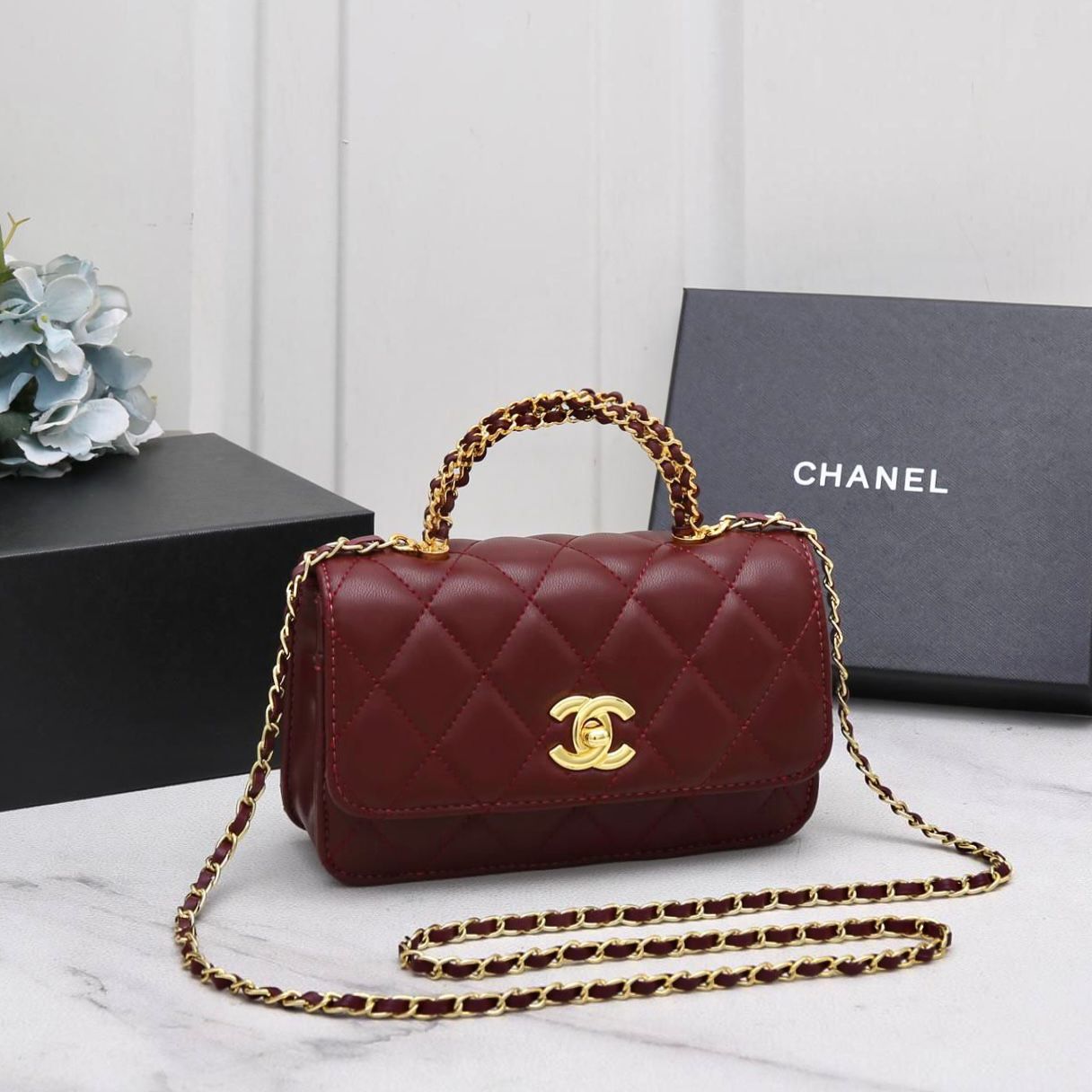 Chanel Mini Flap Bag with Chain Top Handle (Burgundy / Bordeaux)