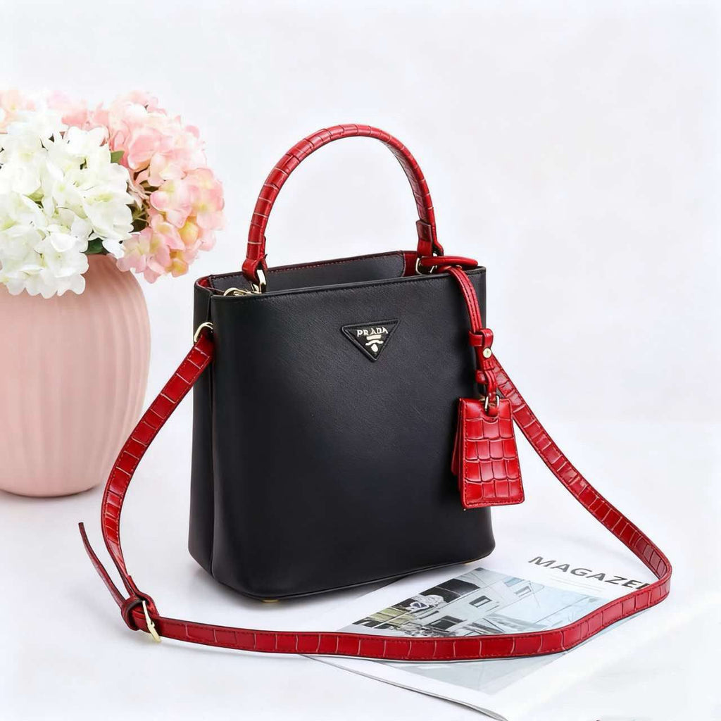 Prada Panier Saffiano Leather Bag (Black / Red / Crocodile-Effect Trim)