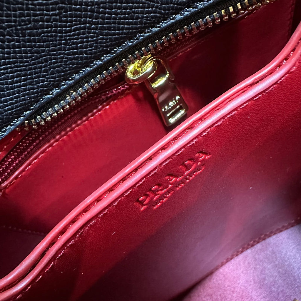 Prada Panier Saffiano Leather Bag (Black / Red / Crocodile-Effect Trim)