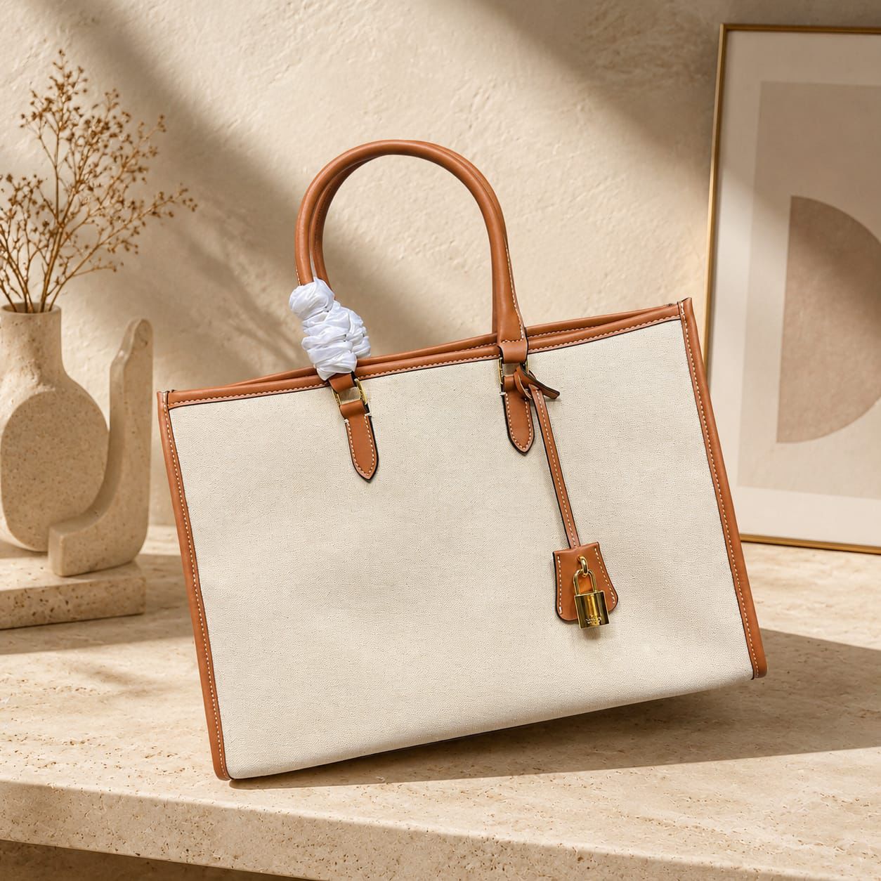 Celine Horizontal Cabas in Textile and Calfskin (Natural / Tan)