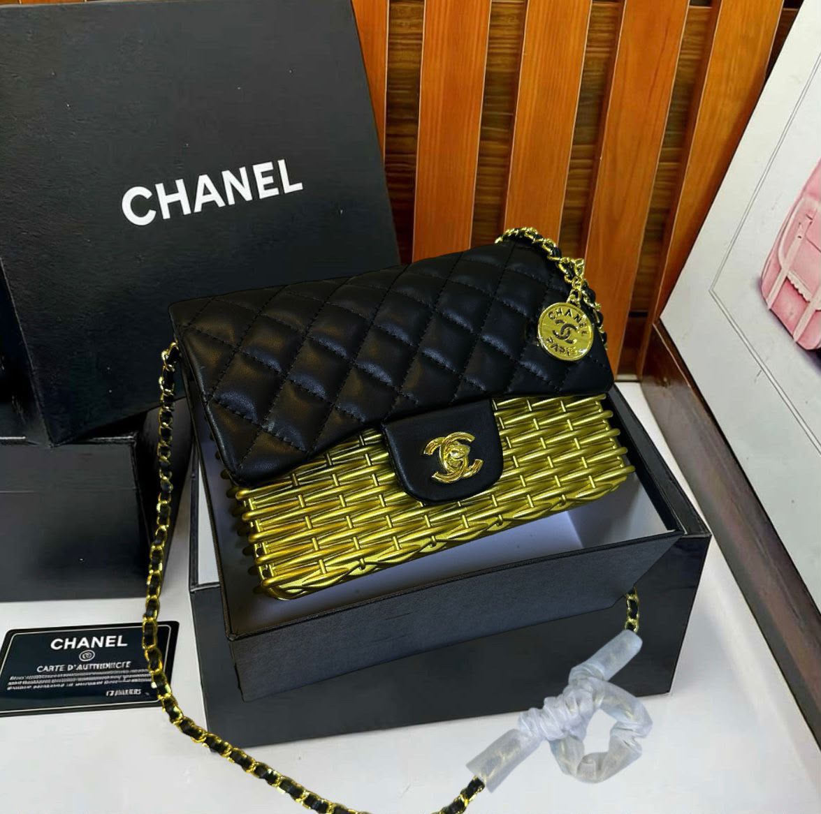 Chanel Wicker and Lambskin Flap Bag (Black & Gold)