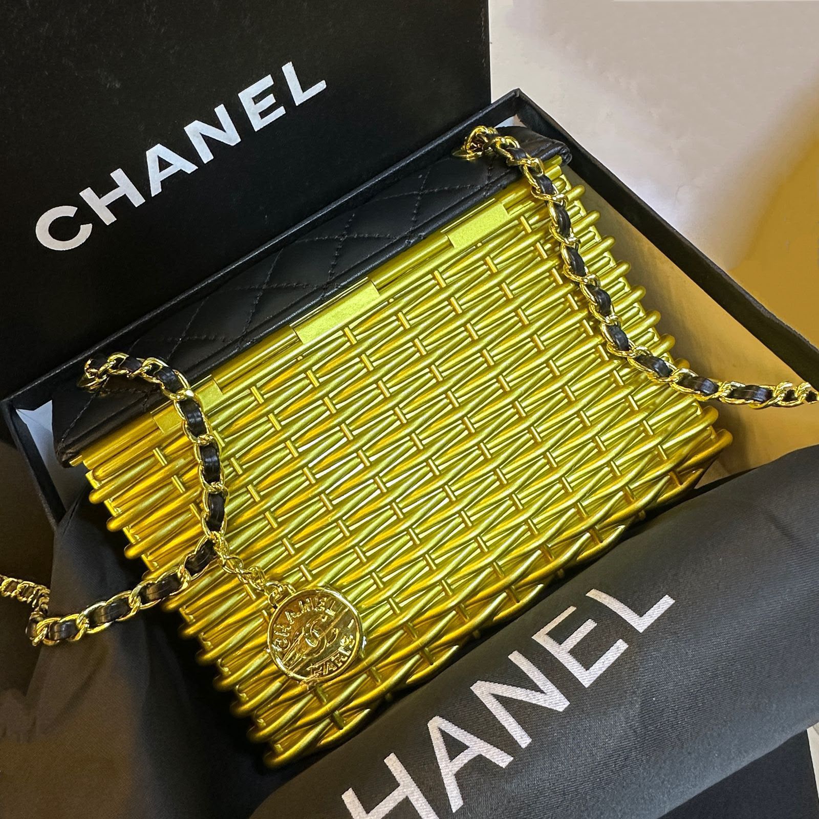 Chanel Wicker and Lambskin Flap Bag (Black & Gold)