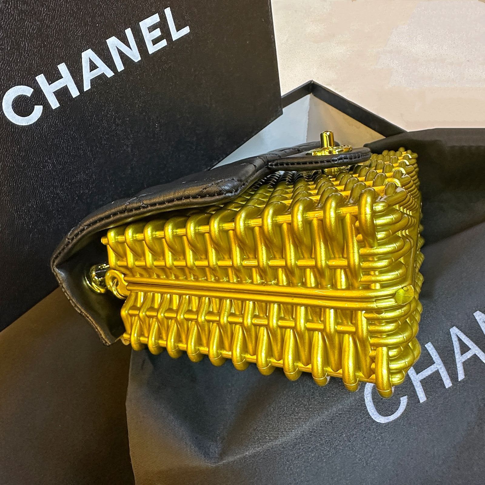 Chanel Wicker and Lambskin Flap Bag (Black & Gold)