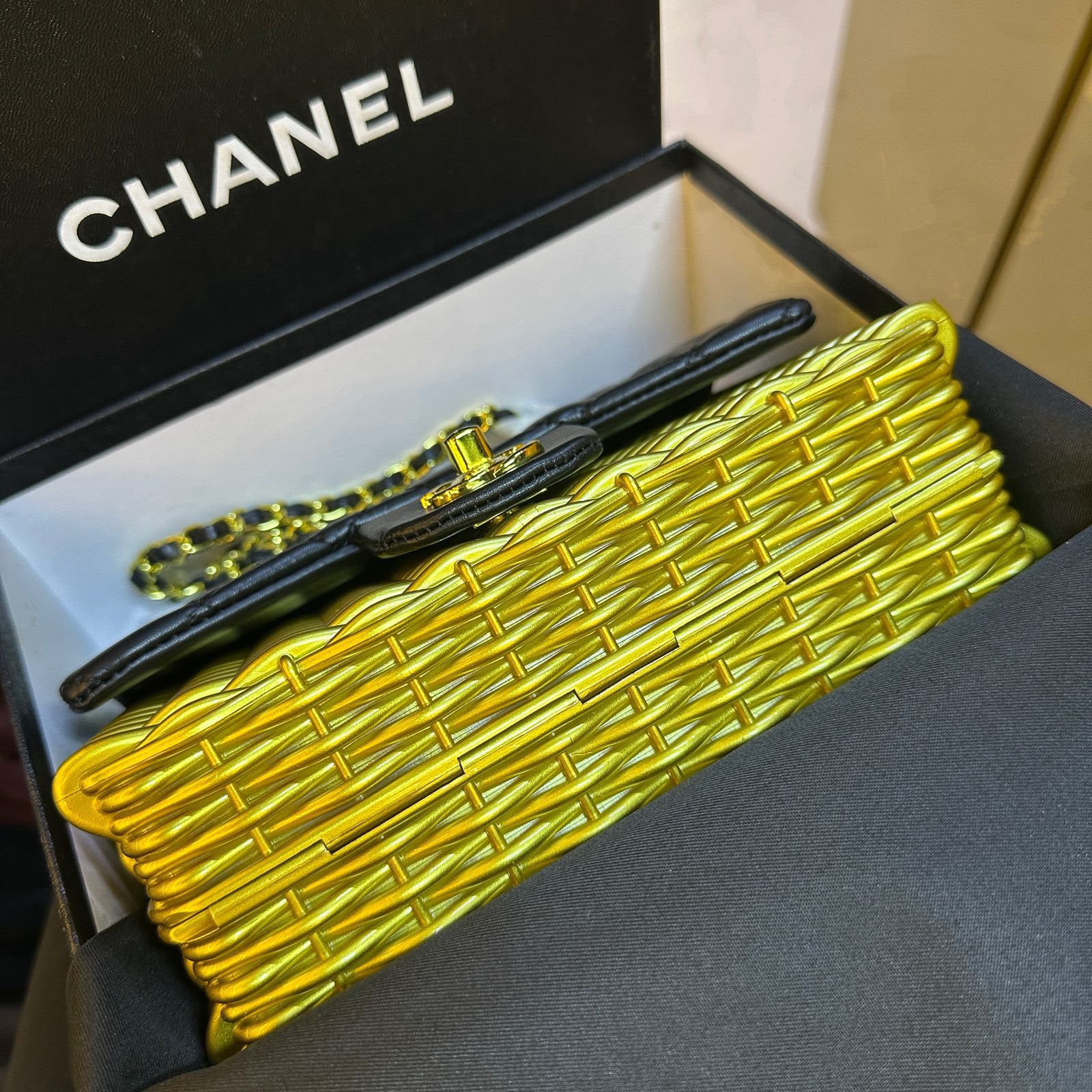 Chanel Wicker and Lambskin Flap Bag (Black & Gold)