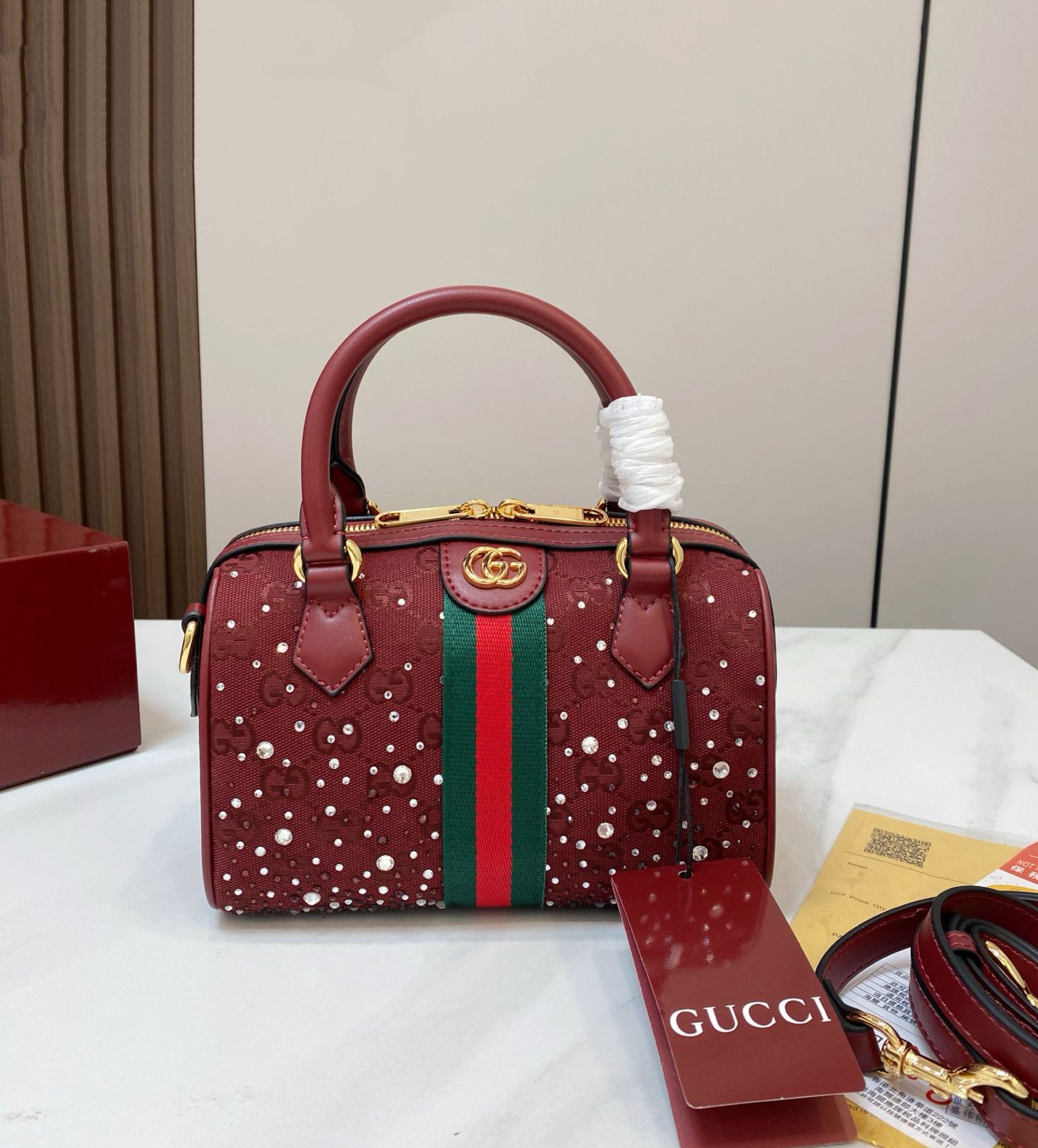 Gucci Ophidia Crystal Small Boston Bag (Maroon / Burgundy)