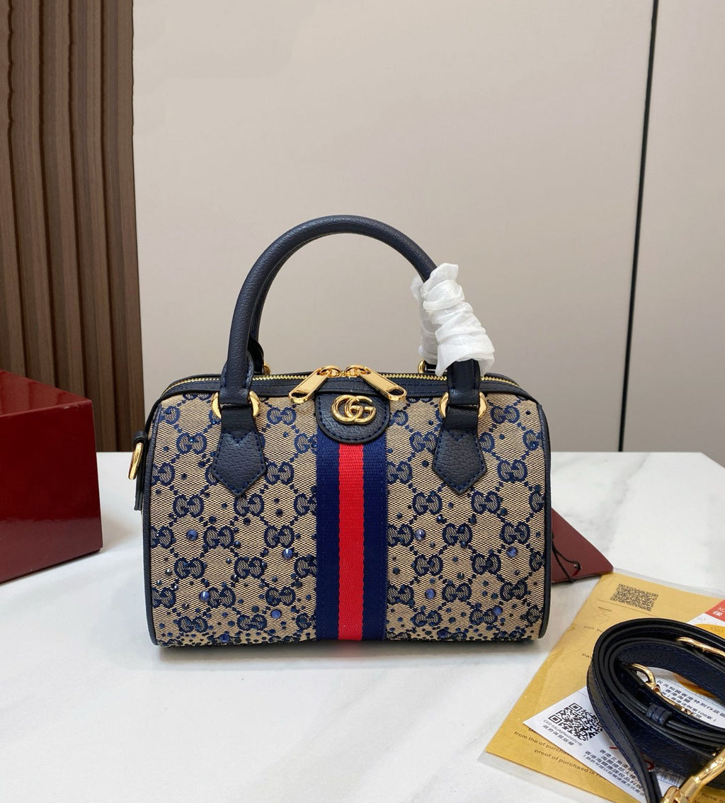 Gucci Ophidia Crystal Small Boston Bag (Beige & Blue)