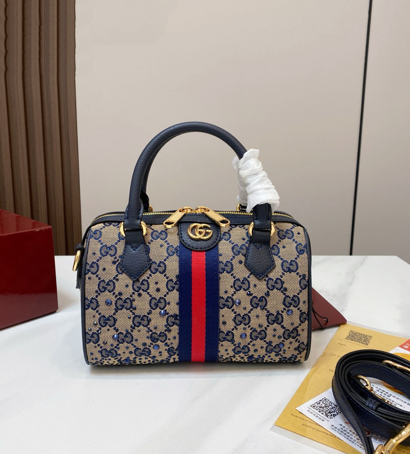 Gucci Ophidia Crystal Small Boston Bag (Beige & Blue)
