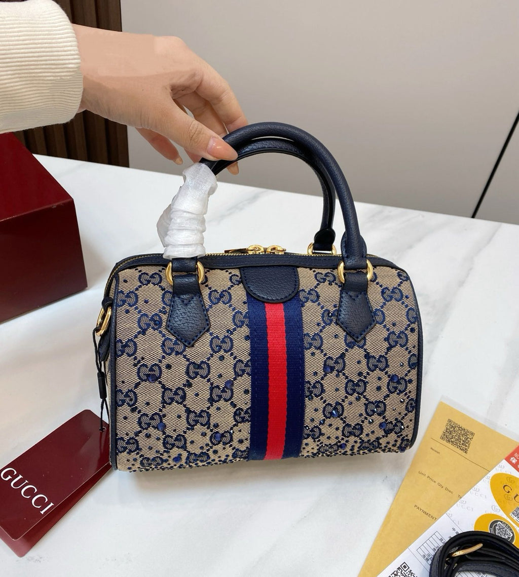 Gucci Ophidia Crystal Small Boston Bag (Beige & Blue)