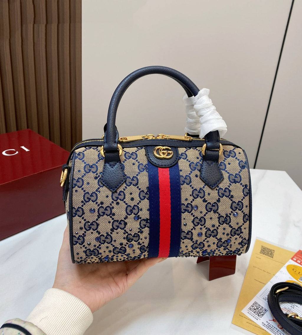 Gucci Ophidia Crystal Small Boston Bag (Beige & Blue)