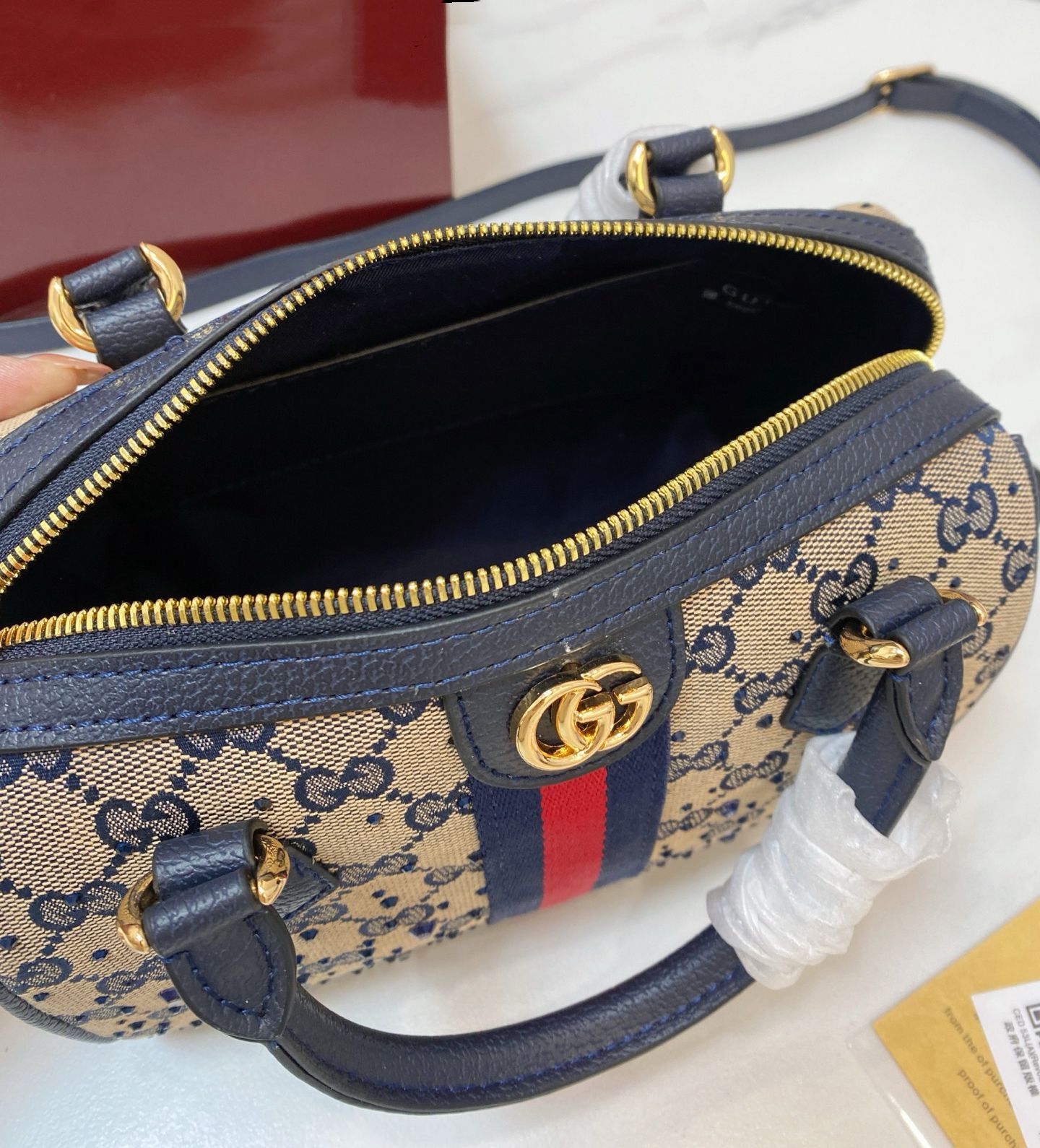 Gucci Ophidia Crystal Small Boston Bag (Beige & Blue)