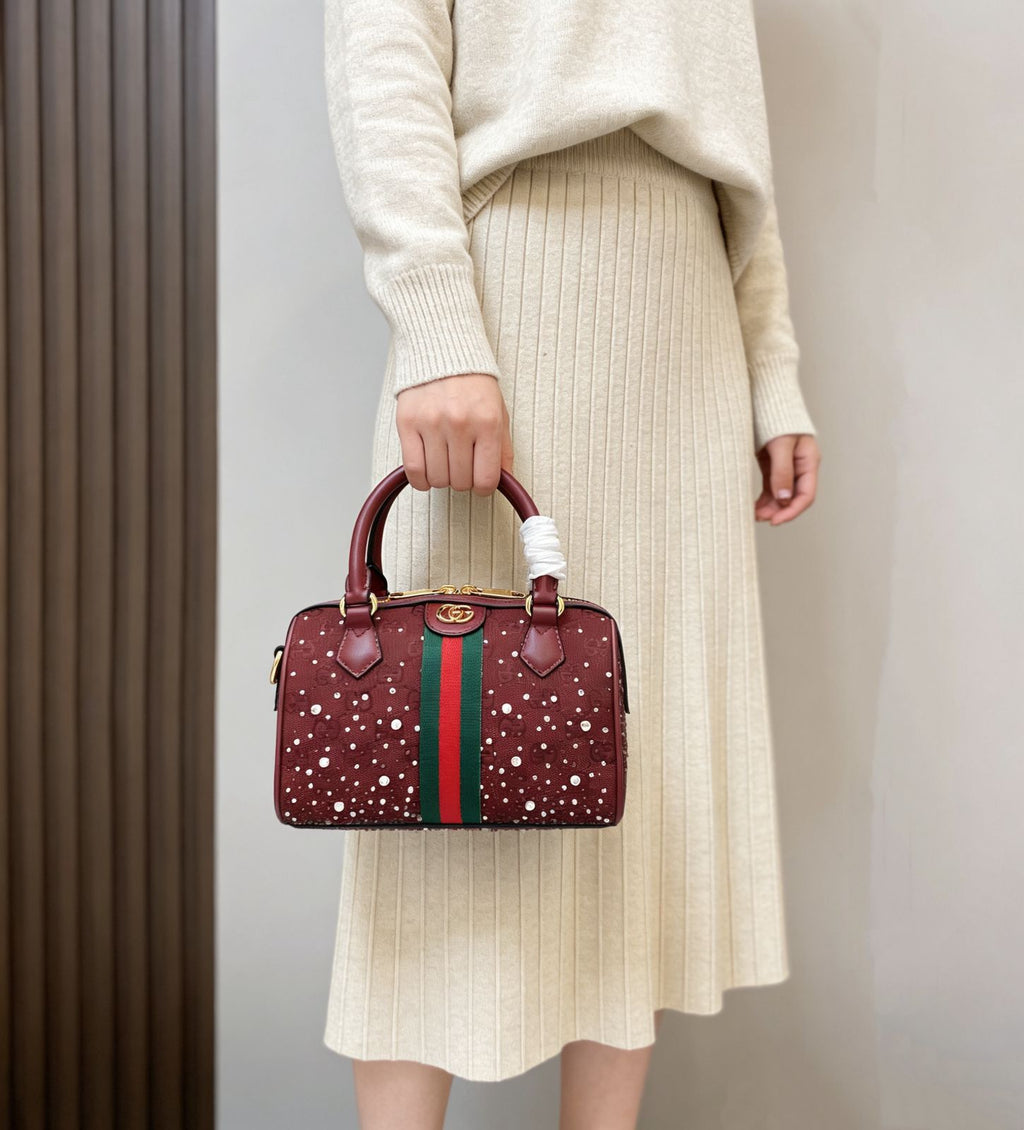 Gucci Ophidia Crystal Small Boston Bag (Maroon / Burgundy)