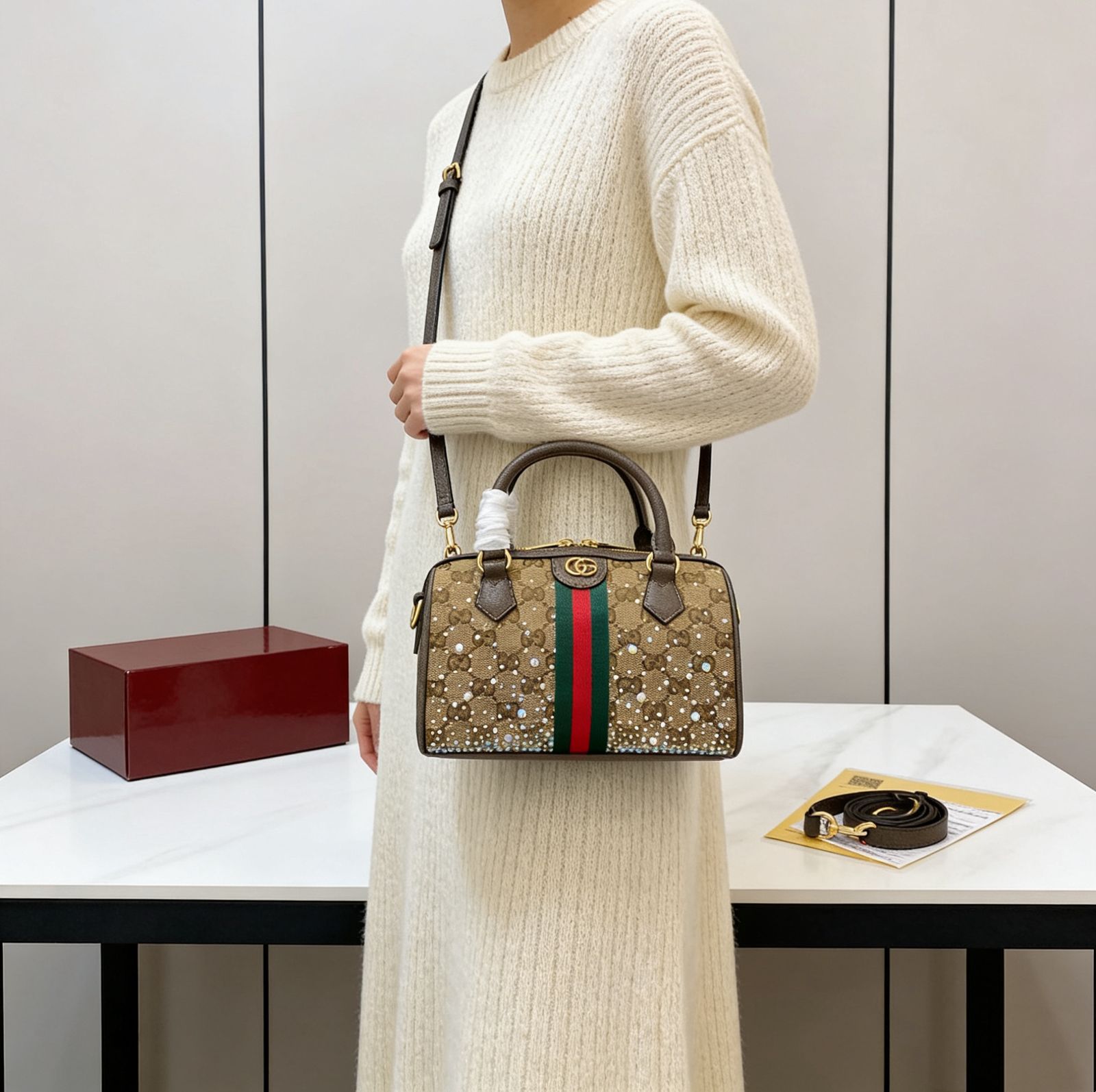 Gucci Ophidia Crystal Small Boston Bag (Beige & Brown)
