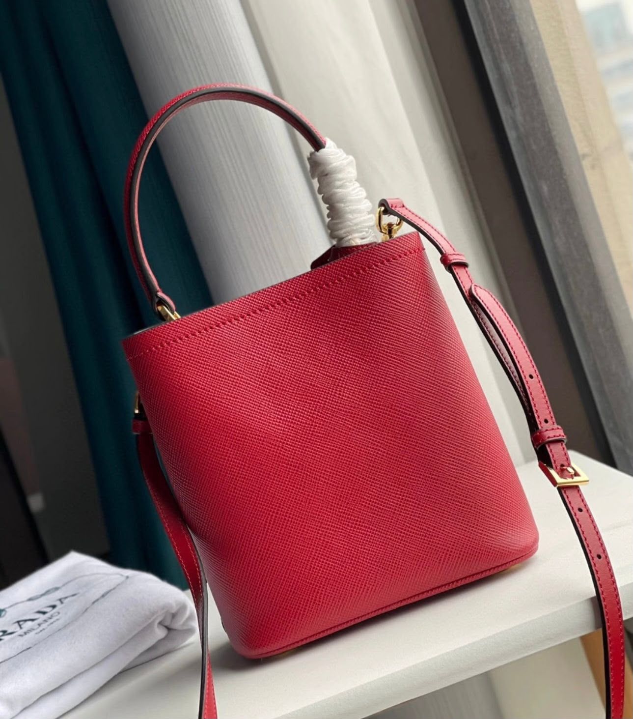Prada Panier Saffiano Leather Bag (Red / Fuoco)