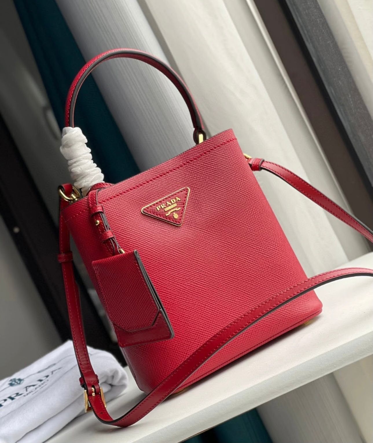 Prada Panier Saffiano Leather Bag (Red / Fuoco)