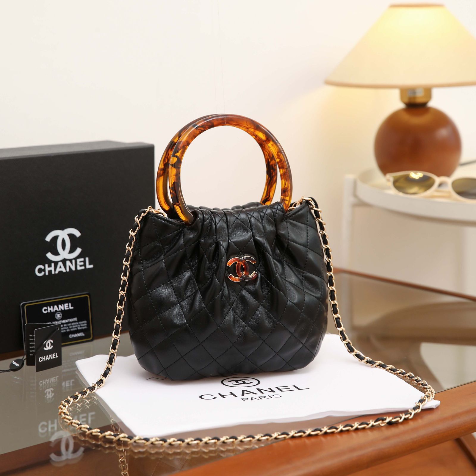 Chanel Small Quilted Hono Bucket Bag with Resin Handles (Black)