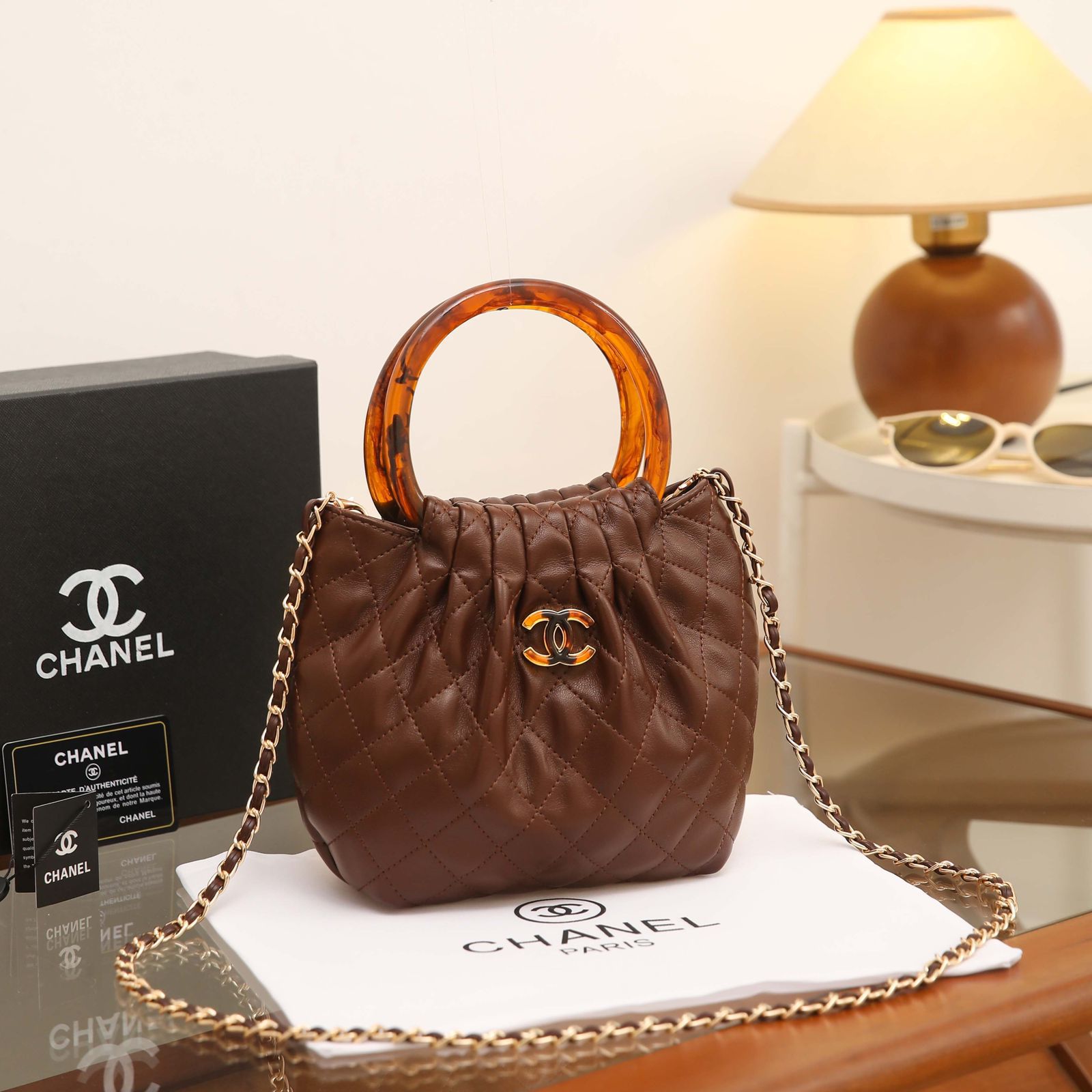 Chanel Small Quilted Hono Bucket Bag with Resin Handles (Dark Brown)