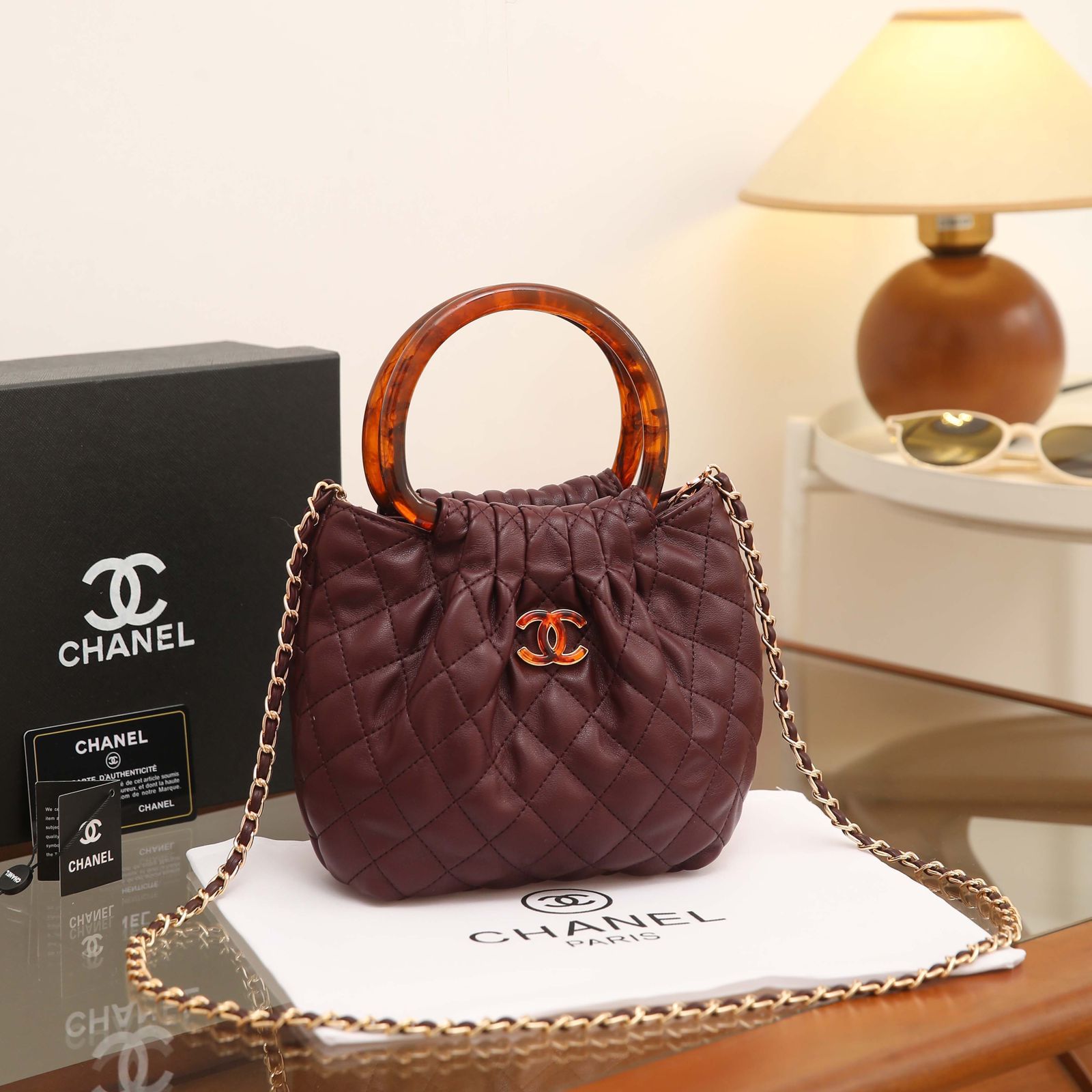 Chanel Small Quilted Hono Bucket Bag with Resin Handles (Burgundy / Deep Wine)