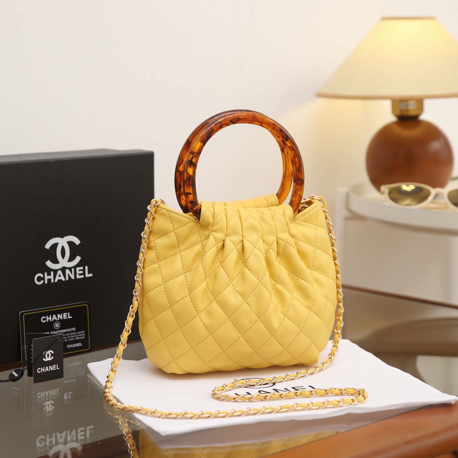 Chanel Small Quilted Hono Bucket Bag with Resin Handles (Yellow)