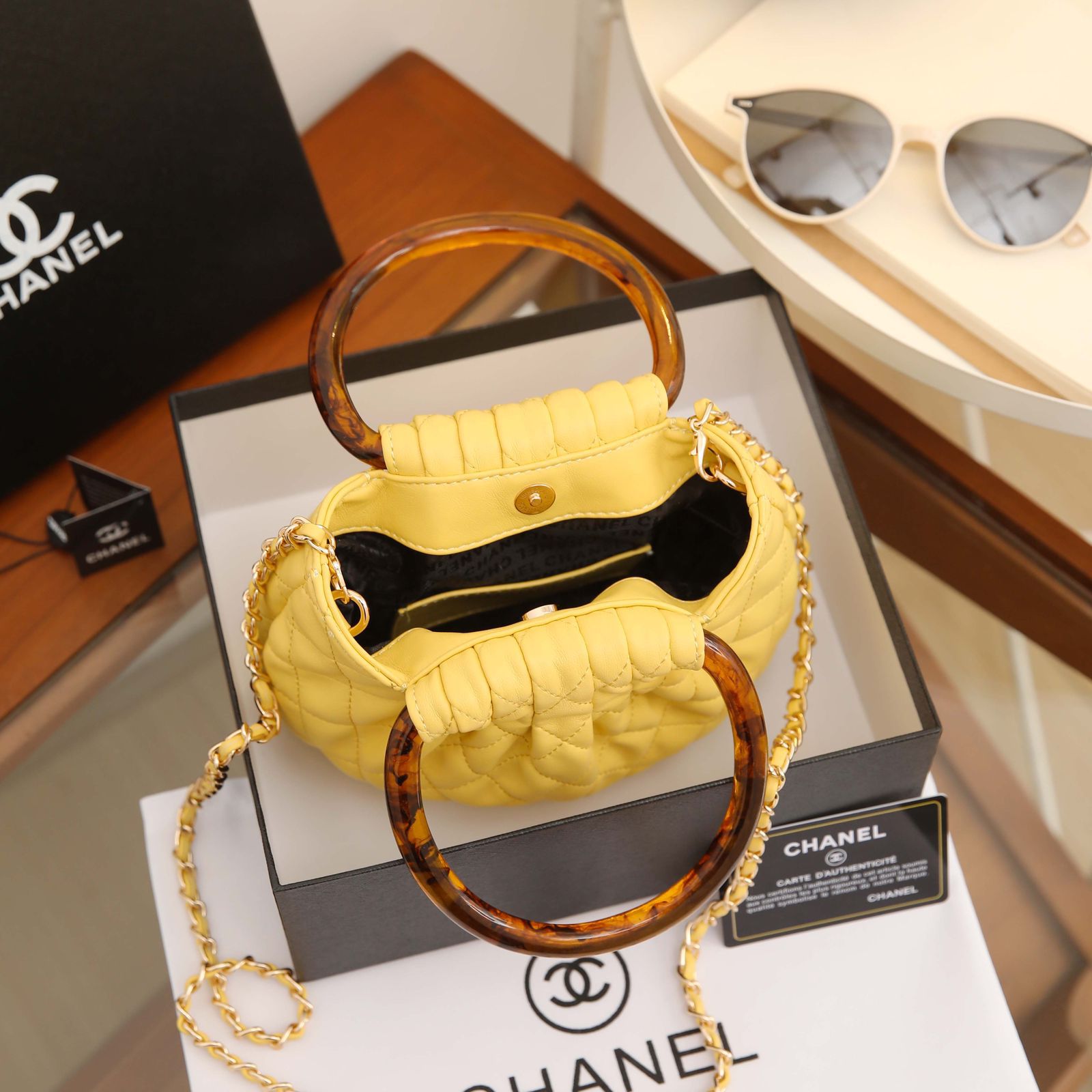 Chanel Small Quilted Hono Bucket Bag with Resin Handles (Yellow)