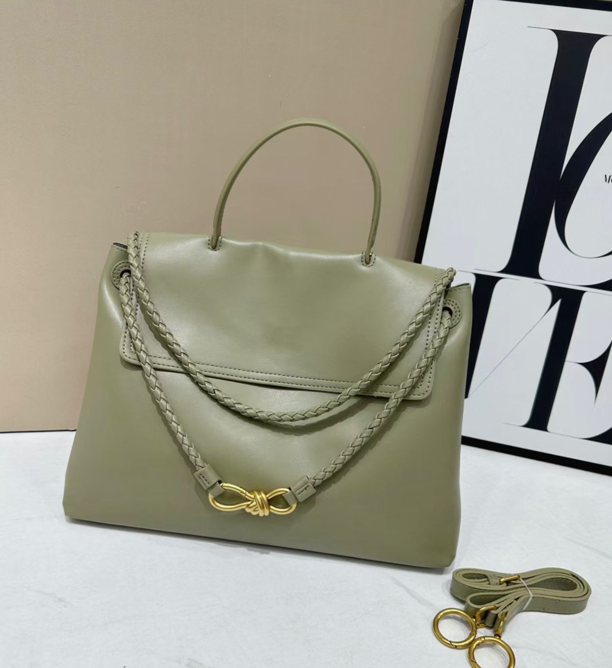 Bottega Veneta Andiamo Large Top Handle Bag (Sage Green / Travertine)