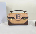 Balmain B-Buzz 23 Woven Raffia and Leather Shoulder Bag (Tan/Brown)