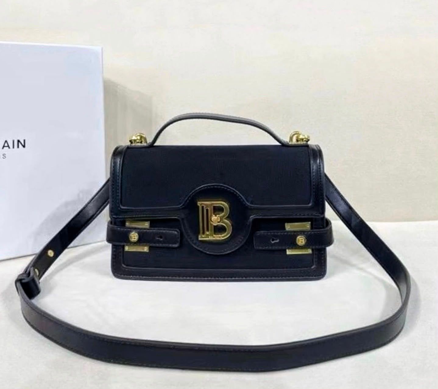 Balmain B-Buzz 23 Canvas and Leather Shoulder Bag (Black)