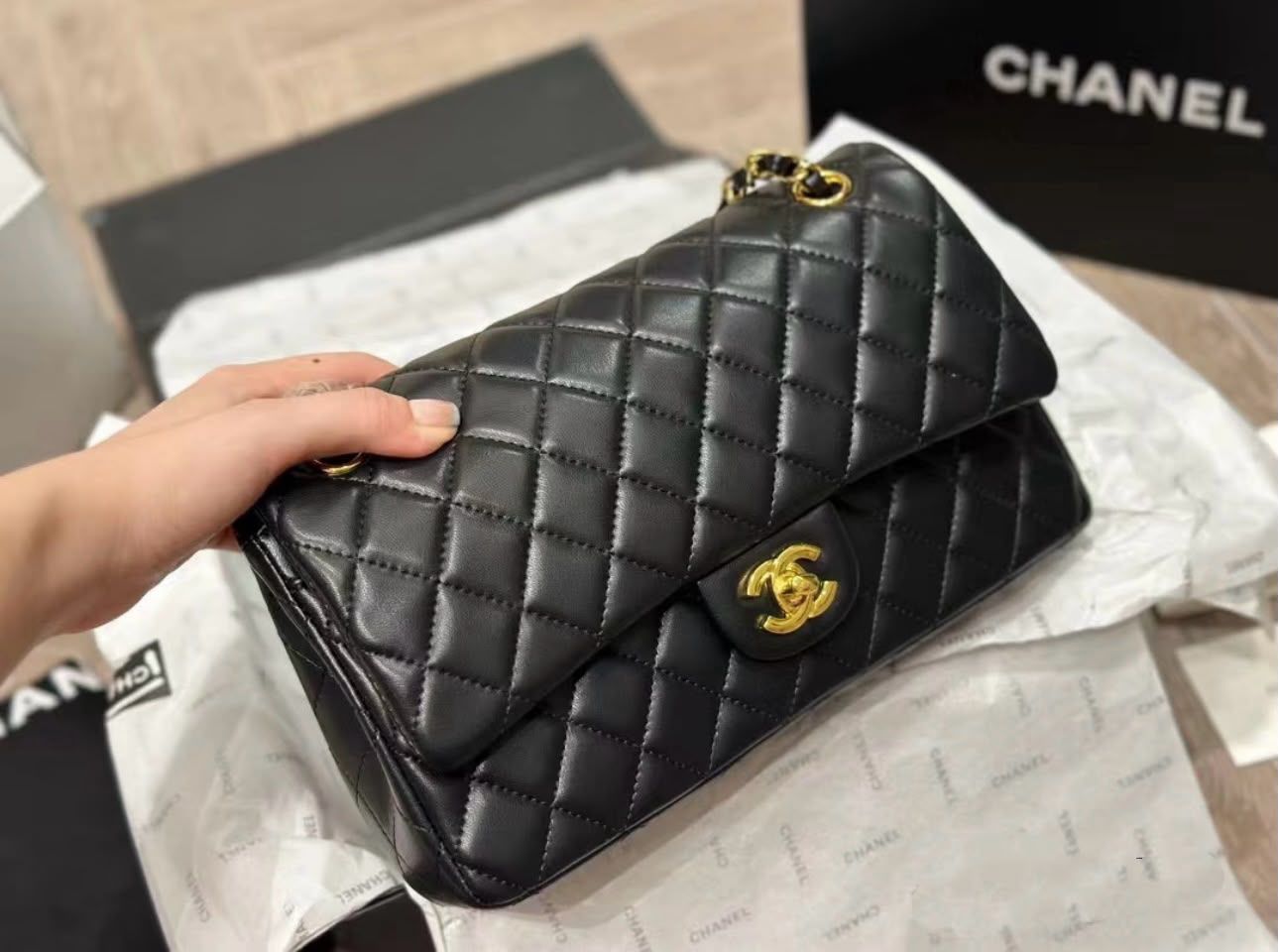 Chanel Lambskin Classic Double Flap Bag (Black with Gold Hardware)