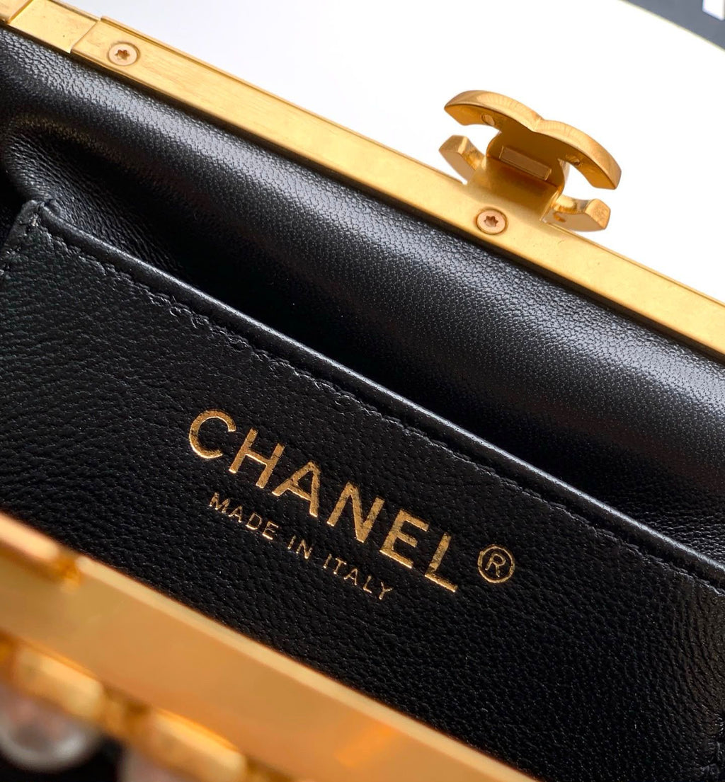 Chanel Quilted Pearl Frame Clutch on Chain (Black)