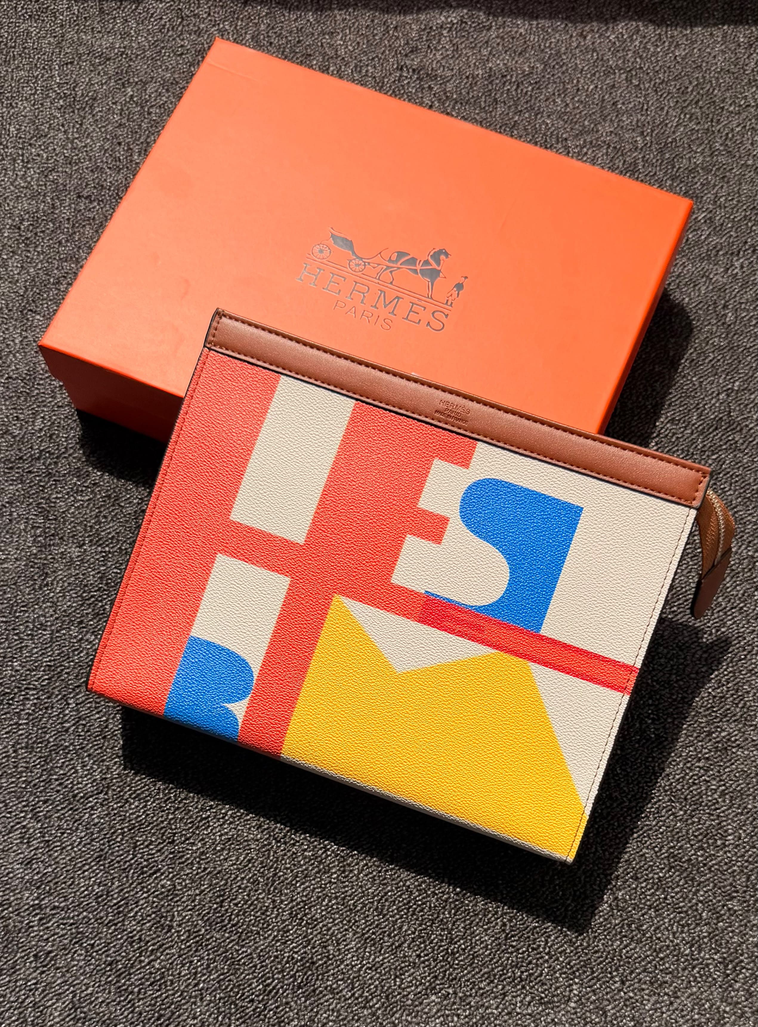 Hermès Geometric Graphic Canvas Pouch (Red / Blue / Yellow / Cream / Brown Trim)