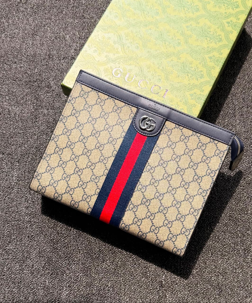 Gucci Ophidia GG Supreme Pouch (Beige / Ebony / Dark Navy Blue Trim / Blue & Red Web)