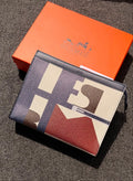 Hermès Geometric Graphic Canvas Pouch (Navy Blue / Burgundy / Khaki / Cream / Dark Blue Trim)