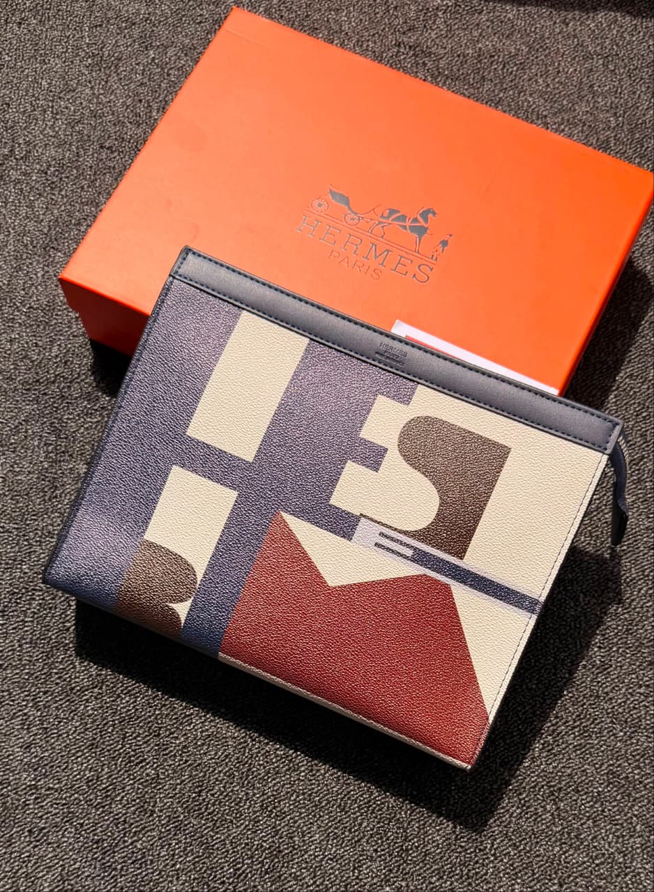 Hermès Geometric Graphic Canvas Pouch (Navy Blue / Burgundy / Khaki / Cream / Dark Blue Trim)