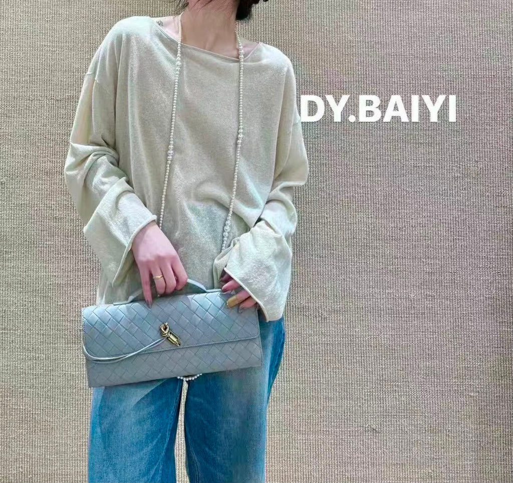 Bottega Veneta Intrecciato Knot Long Flap Clutch / Shoulder Bag (Dusty Blue / Slate)