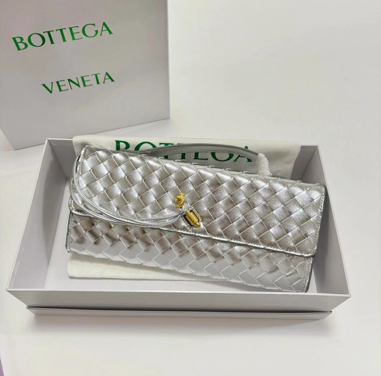 Bottega Veneta Intrecciato Knot Long Flap Clutch / Shoulder Bag (Metallic Silver)