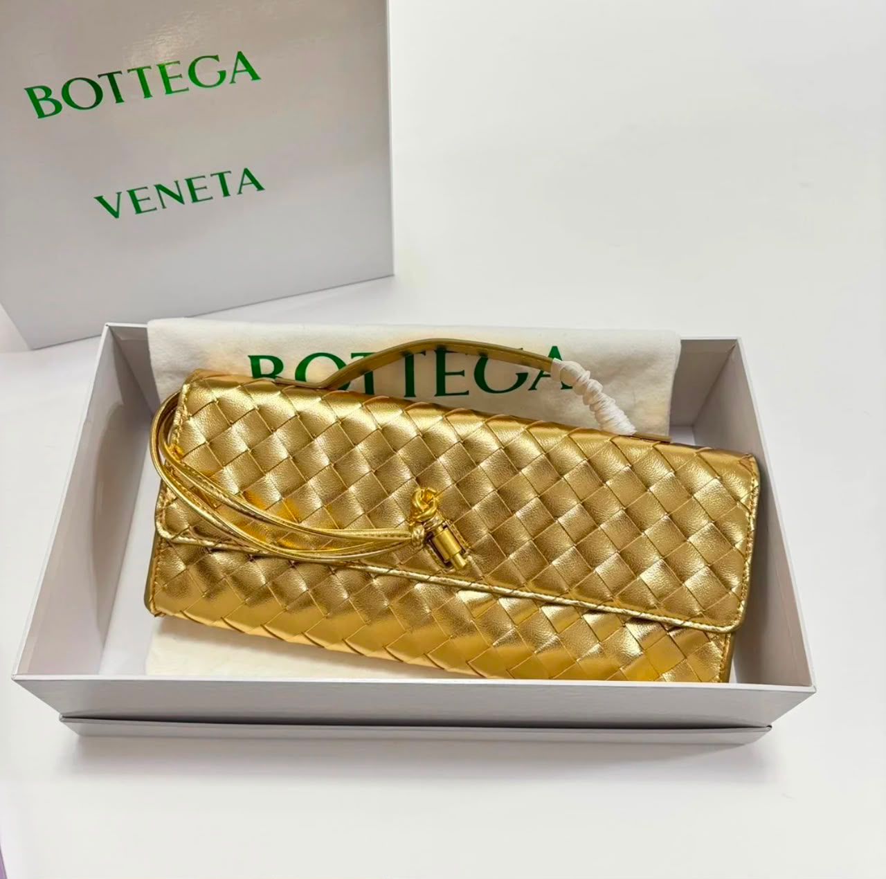 Bottega Veneta Intrecciato Knot Long Flap Clutch / Shoulder Bag (Metallic Gold)