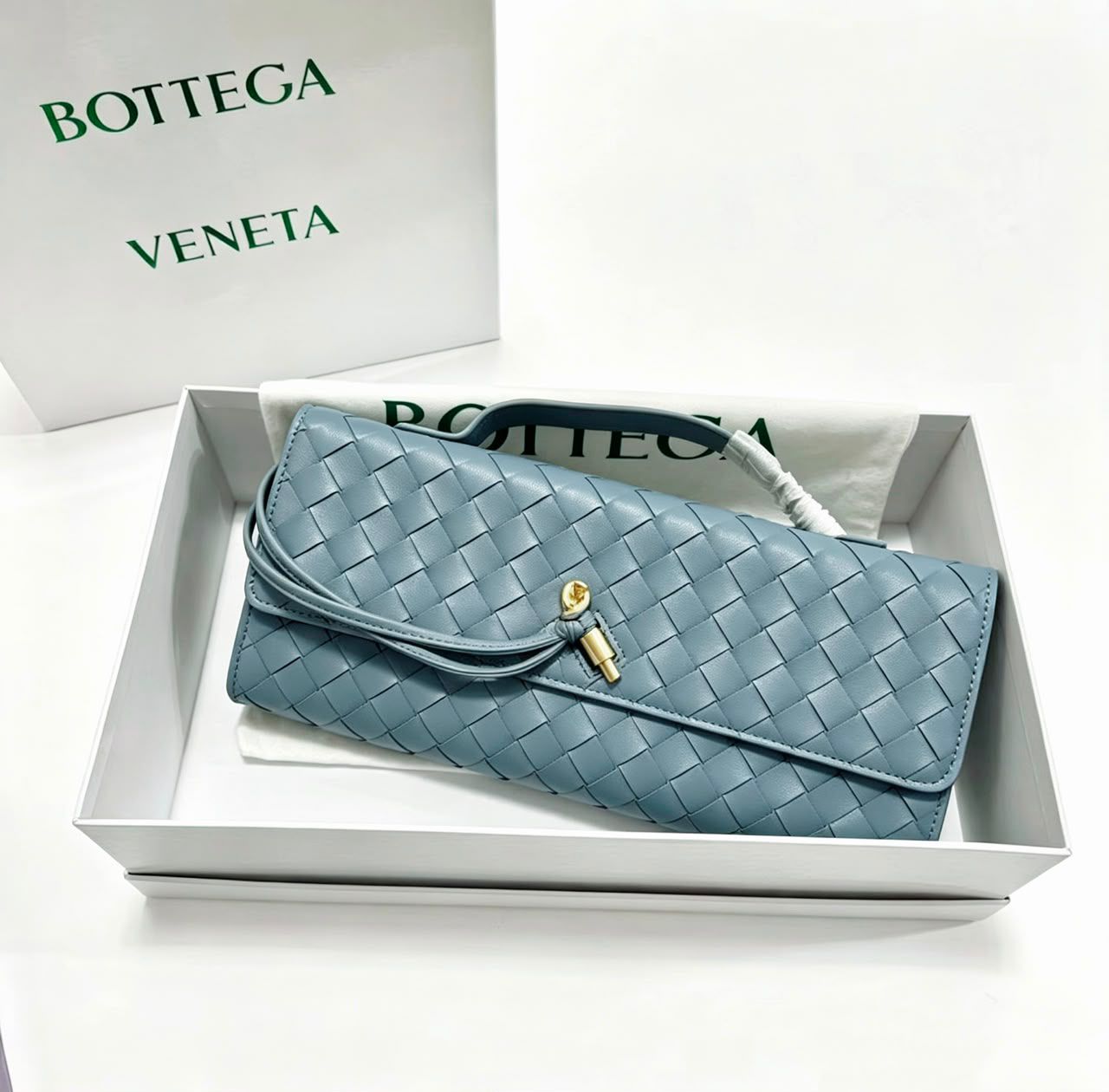 Bottega Veneta Intrecciato Knot Long Flap Clutch / Shoulder Bag (Dusty Blue / Slate)