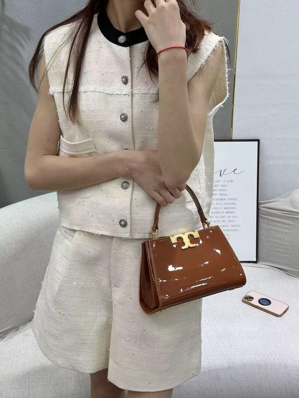 Tory Burch Eleanor Patent Leather Small Top-Handle Bag (Cognac / Tan Brown)