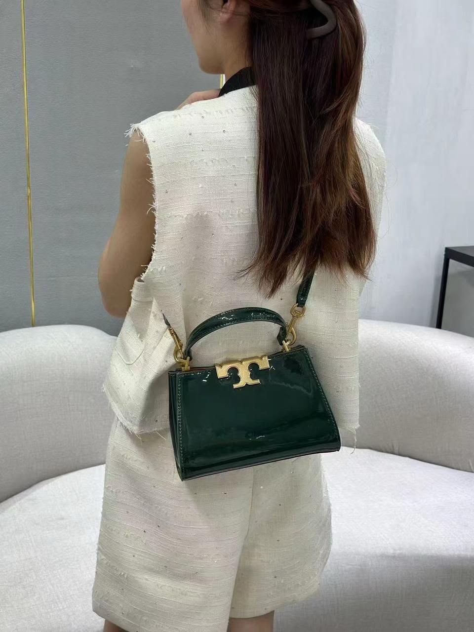 Tory Burch Eleanor Patent Leather Small Top-Handle Bag (Dark Green / Forest Green)