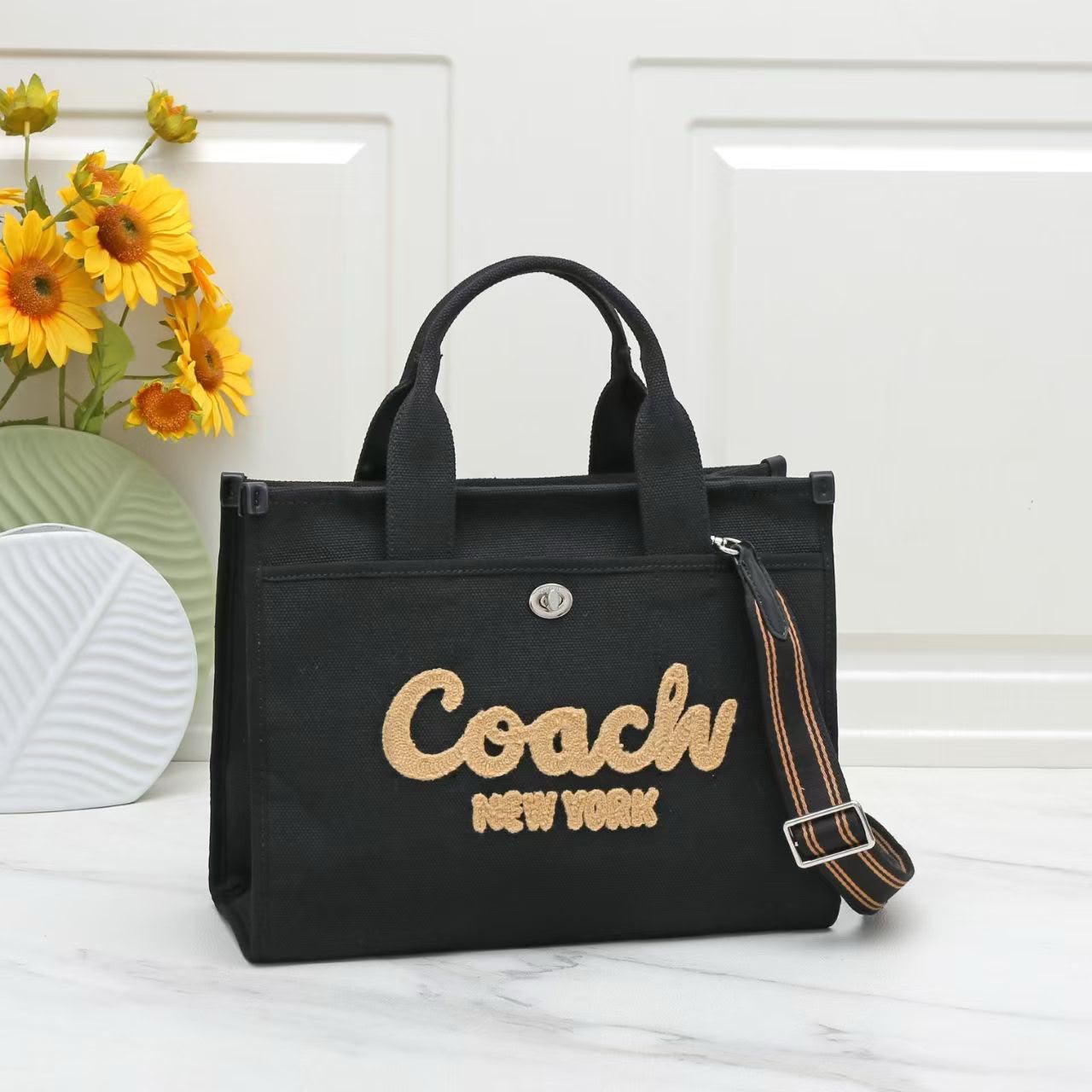 Coach Cargo Tote Bag with Script Logo (Black / Gold Embroidery)