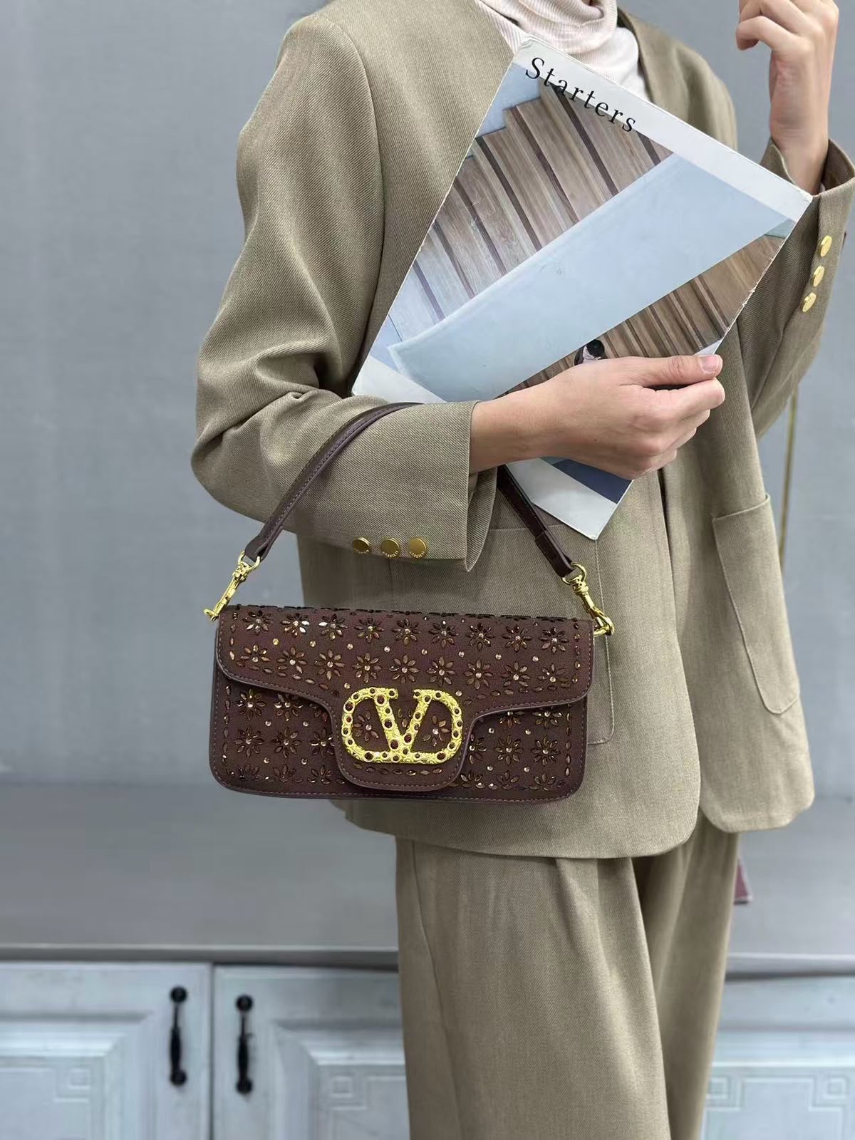 Valentino Garavani Locò Crystal Floral Embellished Shoulder Bag (Chocolate Brown / Gold Hardware)