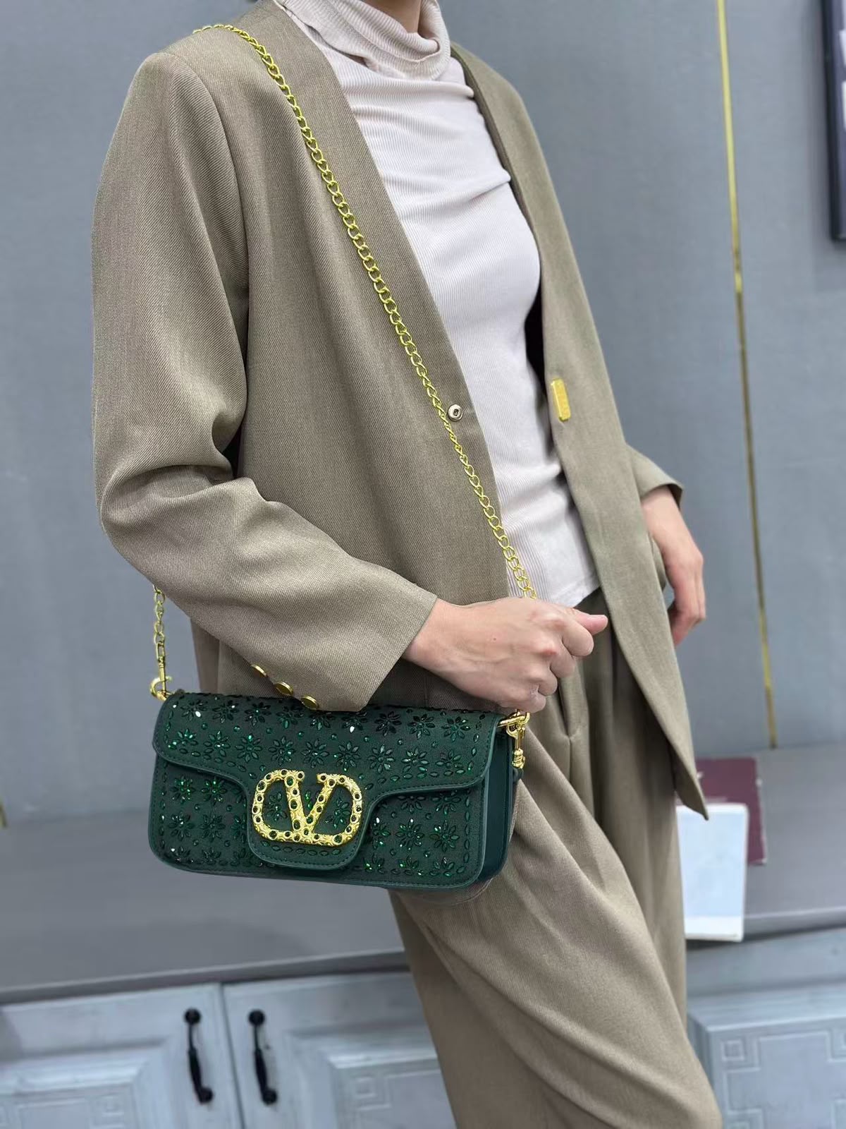 Valentino Garavani Locò Crystal Floral Embellished Shoulder Bag (Emerald Green / Gold Hardware)