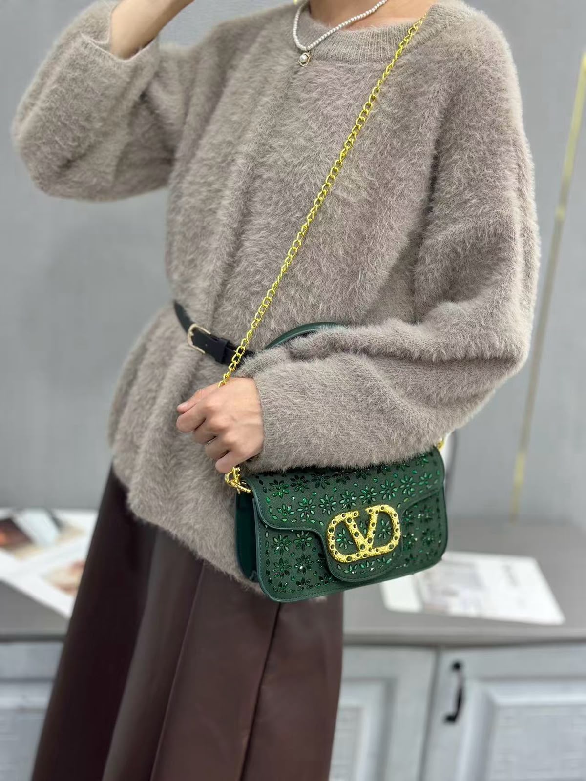 Valentino Garavani Locò Crystal Floral Embellished Shoulder Bag (Emerald Green / Gold Hardware)