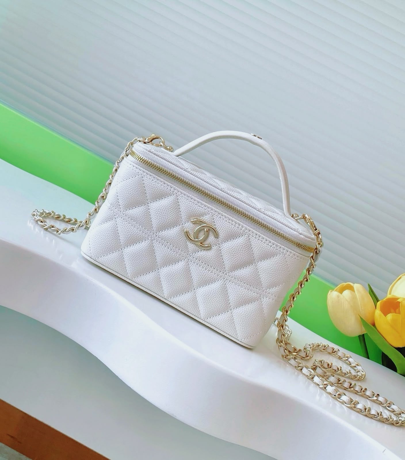 Chanel Small Quilted Caviar Vanity Case with Top Handle (White)